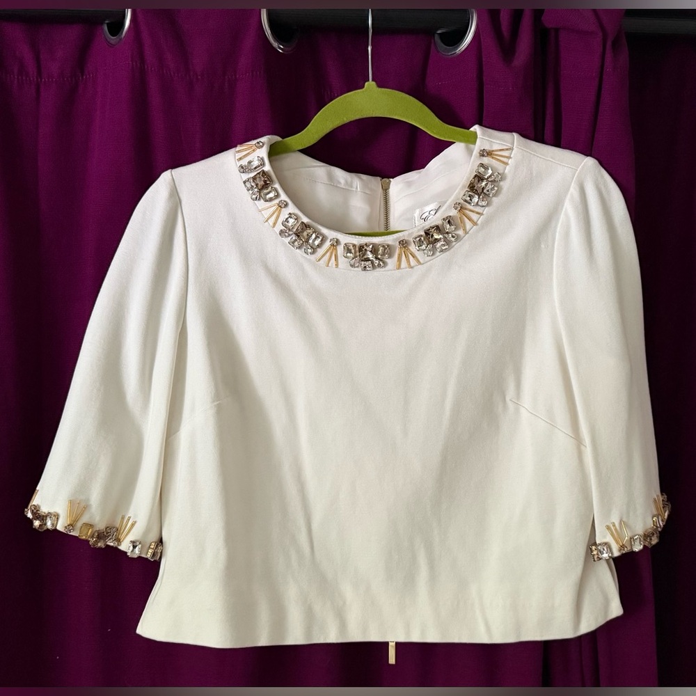 Eliza J White Embellished Crop Top - Size 8, Elegant with Full Back Zip!